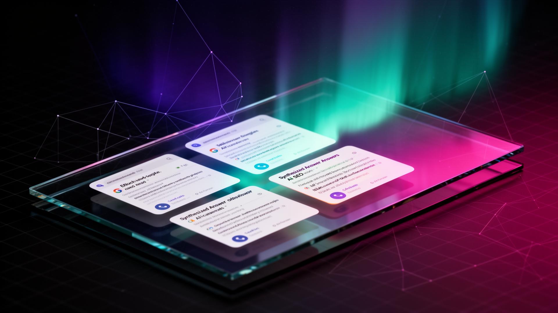 Editorial illustration of search result cards transforming into AI-synthesized answer cards