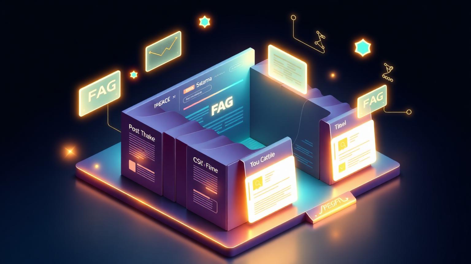 Glowing FAQ accordion cards arranged as a website hub