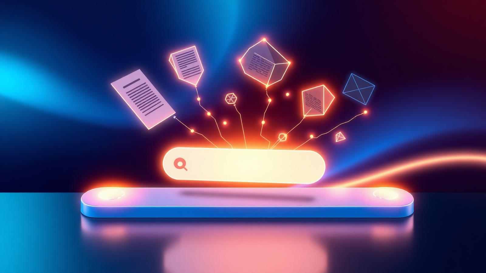 Stylized search bar with citation cards rising into a glowing AI Overview block
