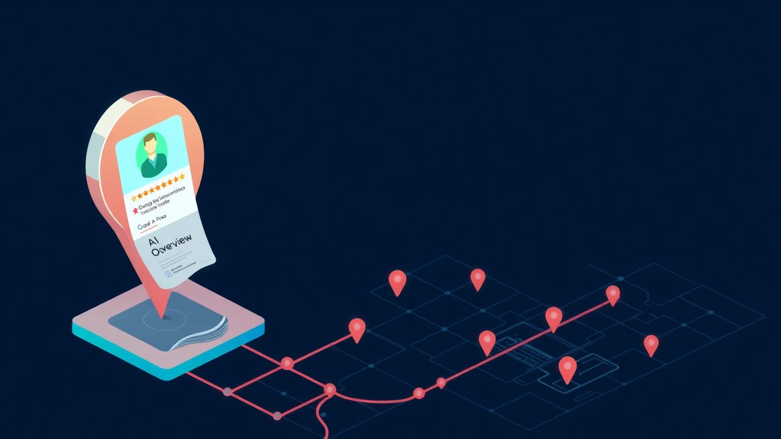 Stylized Google Business Profile map pin feeding an AI Overview citation block