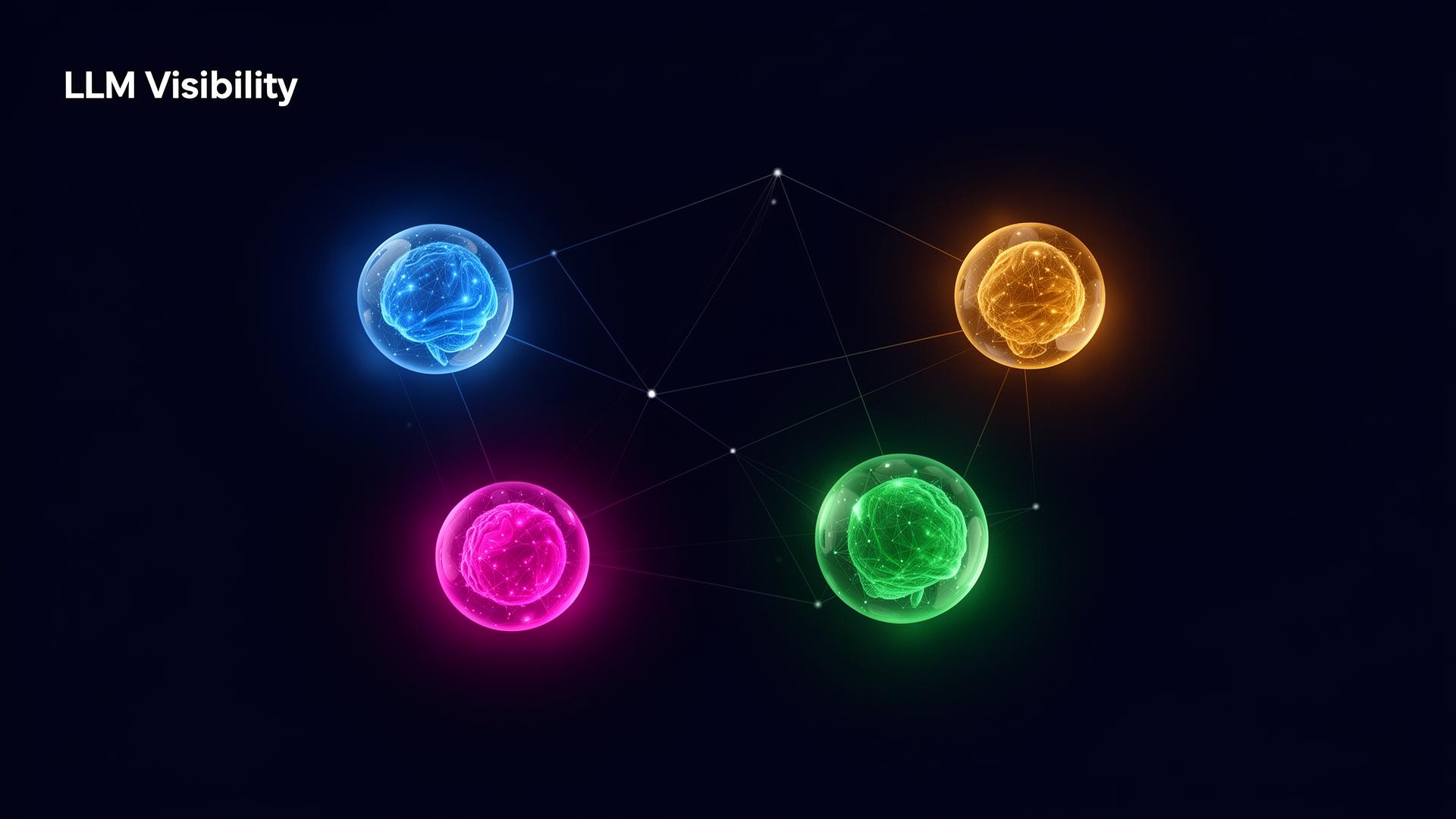 Constellation of glowing orbs representing the major AI engines connected by thin lines