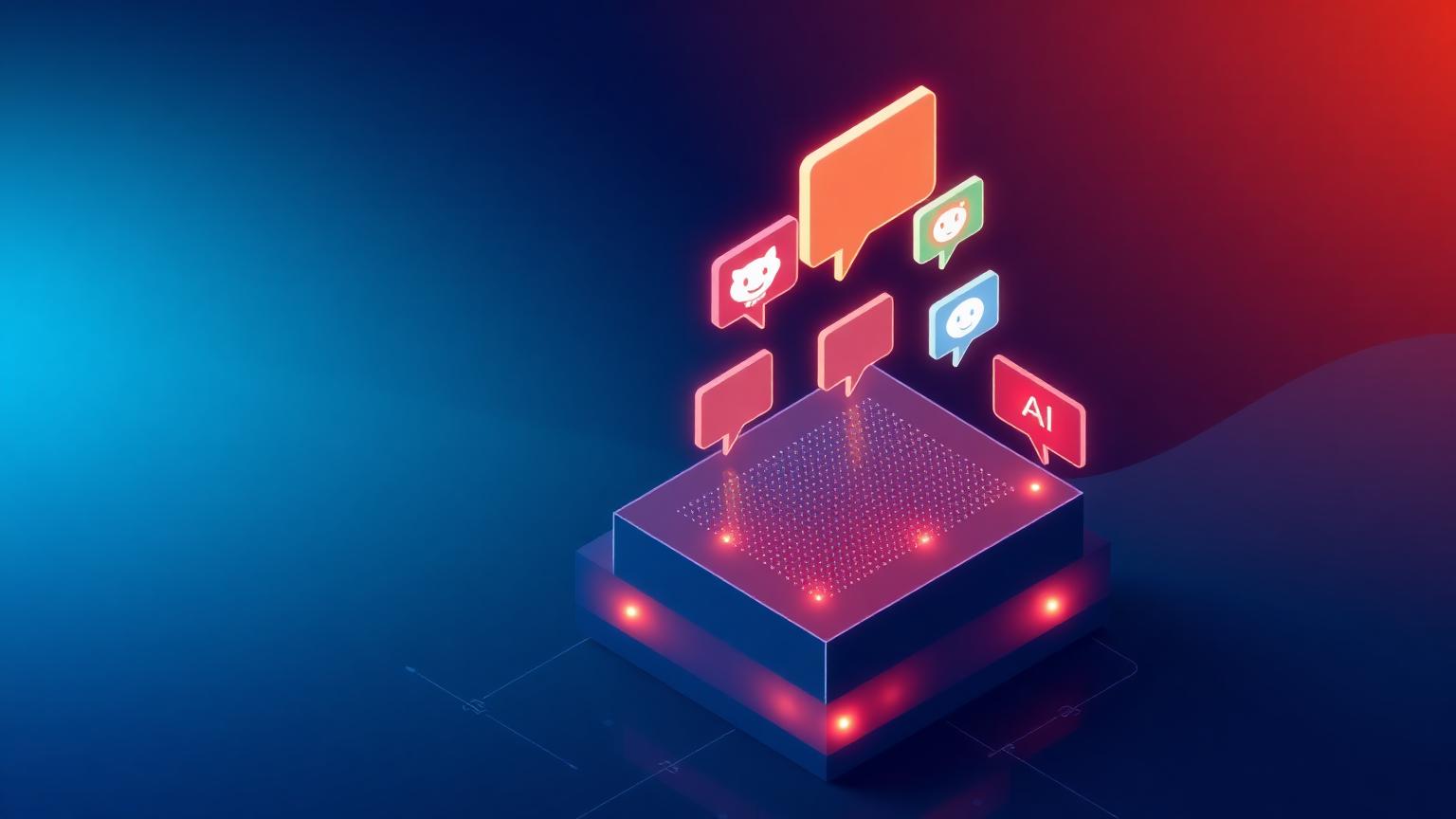 Stylized Reddit-style comment cards rising into a glowing AI Overview block